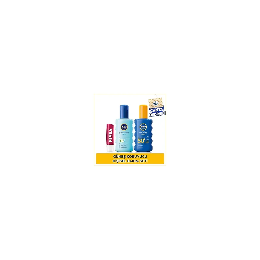 NIVEA SUN SPF50 Güneş Koruyucu Sprey 200ml, Güneş Sonrası Nemlendirici Vücut Bakım Spreyi 200ml, Kiraz Renkli Dudak Bakım Kremi, Çanta Hediyeli, Kişisel Bakım Seti