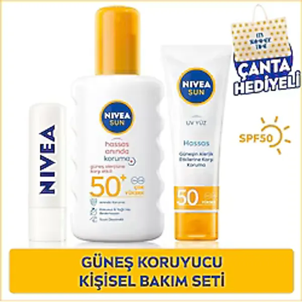 NIVEA SUN SPF50 Hassas Güneş Koruyucu Vücut Spreyi 200ml, Yüz Güneş Koruyucu 50ml, Renksiz Dudak Bakım Kremi, Plaj Çantası Hediye, Kişisel Bakım Seti, Güneş Bakım
