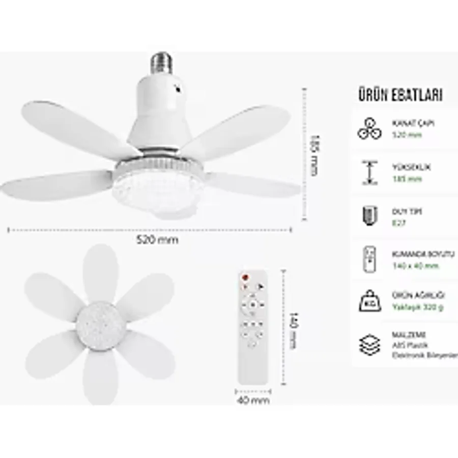 Nivego Pervaneli LED Lamba Fan - Kumandalı Tavan Vantilatörü, Ampul Tipi Soğutucu Işık, 3 Kademeli Fan + LED Aydınlatma
