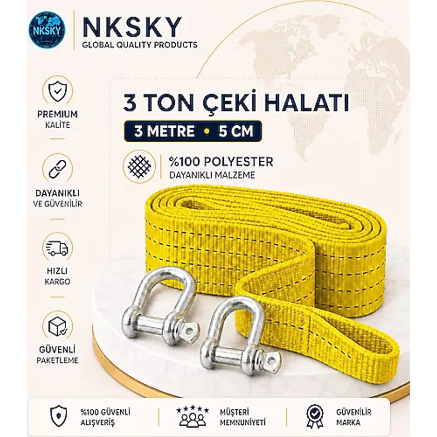 Nksky 3 Ton Araç Çekme Halatı 3 Metre 5 Cm Genişlik Güçlendirilmiş Uçlu Oto Çeki Halatı