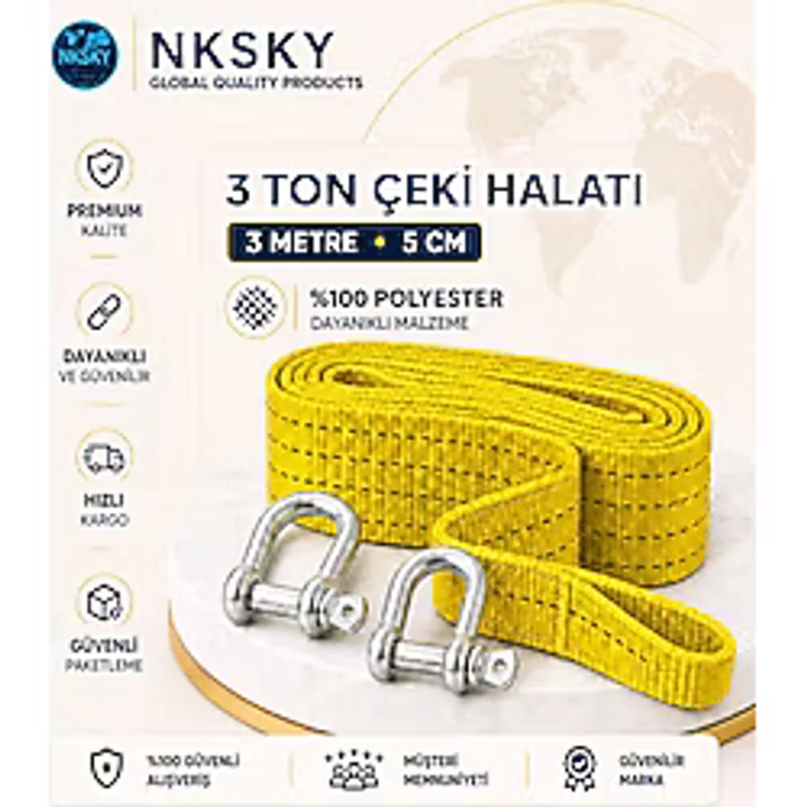 Nksky 3 Ton Araç Çekme Halatı 3 Metre 5 Cm Genişlik Güçlendirilmiş Uçlu Oto Çeki Halatı
