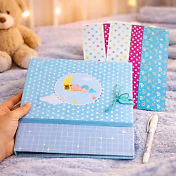 Nobbystar Uykucu Erkek Bebek Anı Defteri ve Fotoğraf Albümü - Beyaz Kalem + 2 Adet Sticker Hediyeli