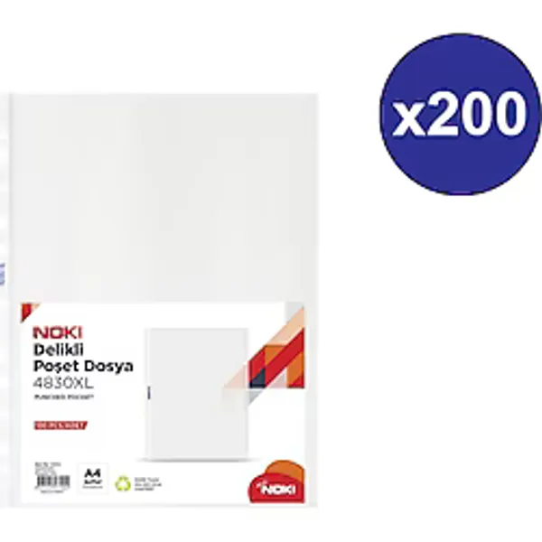 Noki Şeffaf Poşet Dosya XL 200'lü 4830XL A4 55 Mikron Ölçülerle Delikli Koruma