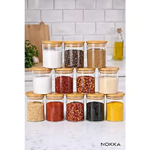 NOKKA Cam Baharat Kavanozu, Bambu Kapaklı, 200 ml, 6,5x8 cm, Minimal Mutfak Saklama Kabı nok005