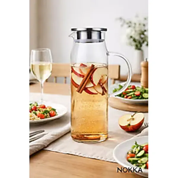 Nokka Vakumlu Çelik Kapaklı Sürahi Isıya Dayanıklı Borosilikat Cam Sürahi 1500 ml - Şeffaf - 1,5 lt
