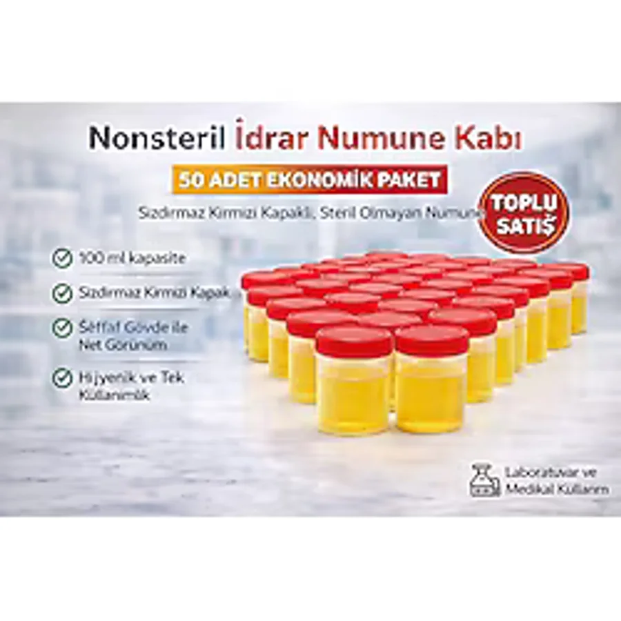 Nonsteril İdrar Numune Kabı 100 Ml Sızdırmaz Kapaklı Steril Olmayan Numune Kabı Laboratuvar Kullanım 50 Adet