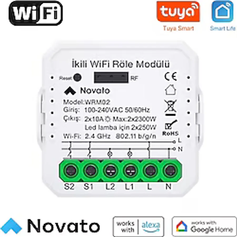 Novato Tuya Uyumlu Ikili Wifi Akıllı Anahtar ( 2X10A / 220V Röle) Çift Çıkışlı, Anahtar Girişli, Google Asistan , Alexa Destekli - 1 Adet