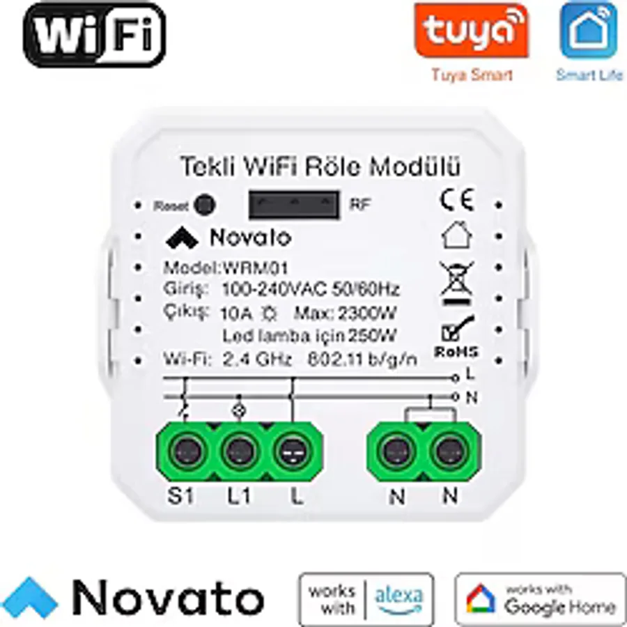 Novato Tuya Uyumlu Tekli Wifi Akıllı Anahtar (10A - 220V Röle) - Tek Çıkışlı, Anahtar Girişli, Googl
