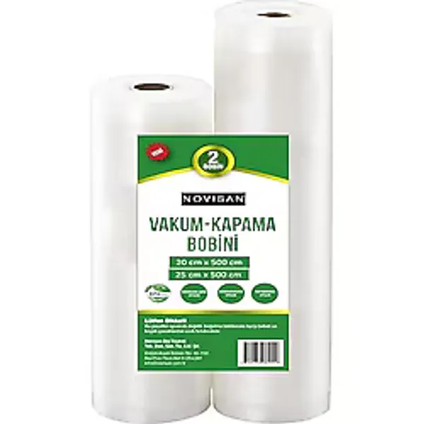 Novisan 10 Metre (1 Adet 20cm X 5 Metre ve 1 Adet 25cm X 5 Metre ) Gofrajlı Tırtıklı Rulo Vakum Poşeti 2'li Bobin Vakumlama folyosu, vakumlu rulo, folyo rulosu, BPA içermez, tüm vakumlama makineleri i