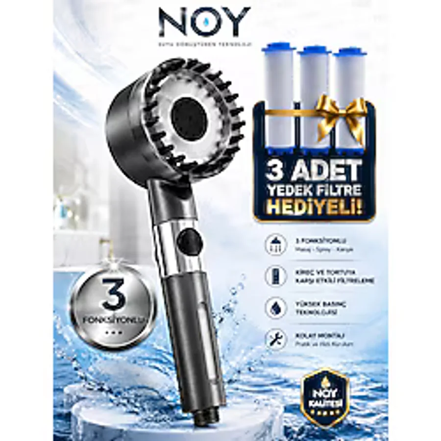 NOY Filtreli Duş Başlığı Yedek Filtre Hediyeli (3 Adet) Klor Ve Kireç Önleyici, Yüksek Basınçlı