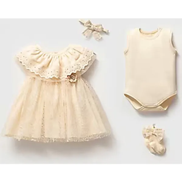 Noynoy Bebek Bebikim 4'lü Kız Bebek Mevlüt ve Özel Gün Takımı - Dantelli Elbise & Bandana Set 3-6 Ay - 3 - 6 Ay - Krem