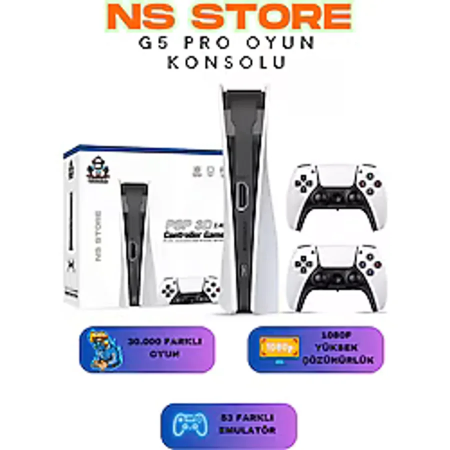 NS Store GS5 Pro PS5 Tasarımlı Kablosuz Çift Kol Oyun Konsolu - 4K, 2.4G, 53 Emulatör, 30.000 Oyunlu Atari