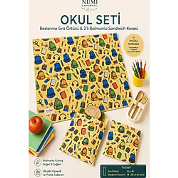 NUMI Naturals Okul Seti - Beslenme Sıra Örtüsü & 2'li Balmumlu Sandviç Kesesi