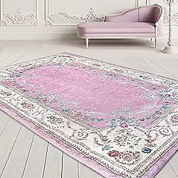 Nur Home Pembe Krem Çiçekli Süngerli Kadife Lastikli Halı Örtüsü, NRH-22