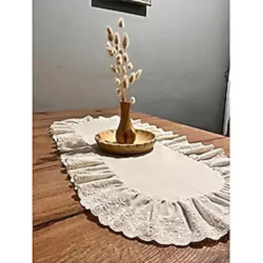 Nurgita Home Oval Fırfırlı Naturel Ham Keten Fisto Runner (35 x 65 cm)