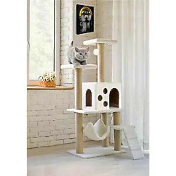 Nursoft B-10 Hamaklı Yuvalı Lüx Kedi Tırmalama Evi Beyaz