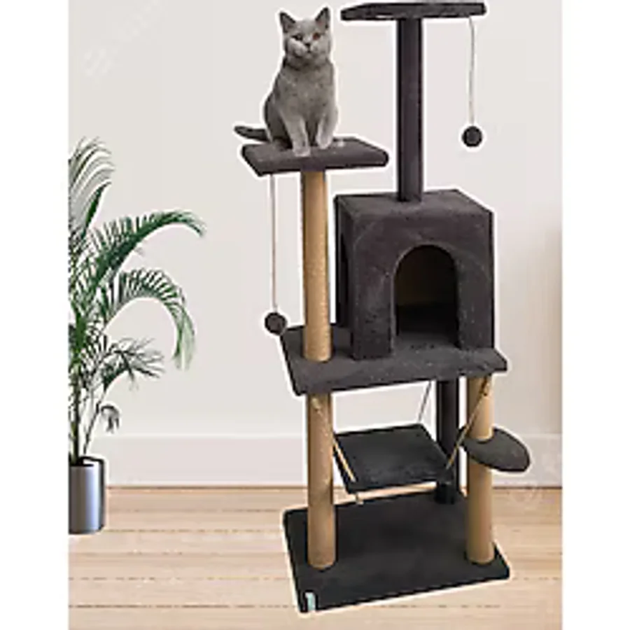 Nursoft Y-01 Salıncaklı Yuvalı Lüx Kedi Tırmalama Oyun Evi-Antrasit