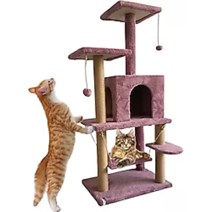 Nursoft Y-01 Salıncaklı Yuvalı Lüx Kedi Tırmalama Oyun Evi-Gül Kurusu