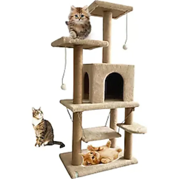 Nursoft Y01 Bej Salıncaklı Yuvalı Lüx Kedi Tırmalama Oyun Evi