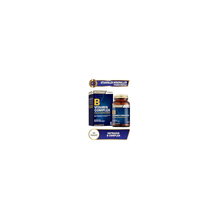 Nutraxin B Vitamin Complex 60 Tablet B1-B2-B3-B5-B6-Biotin-B9-B12 Türkiye Menşeli Besin Takviyesi