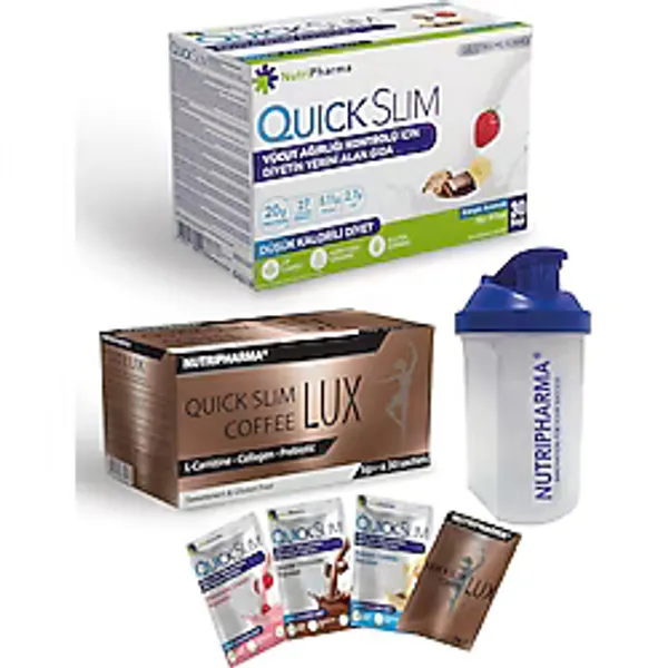 NUTRIPHARMA QUICK SLIM DİYET SETİ 30 Saşe Öğün Tozu, 30 Saşe SlimLux Coffee, Shaker