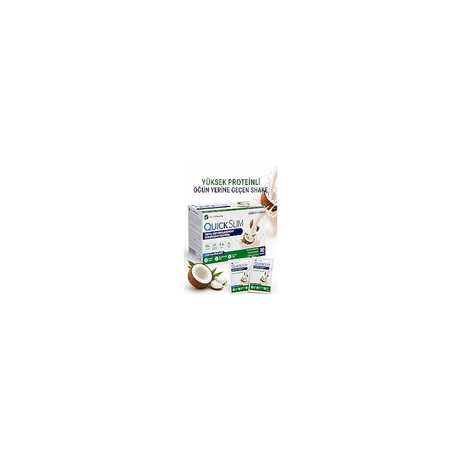 NUTRIPHARMA Quick Slim Öğün Yerine Geçen Yüksek Proteinli Shake - Hindistan Cevizi Aromalı - 30 Saşe Diyet Öğün Tozu