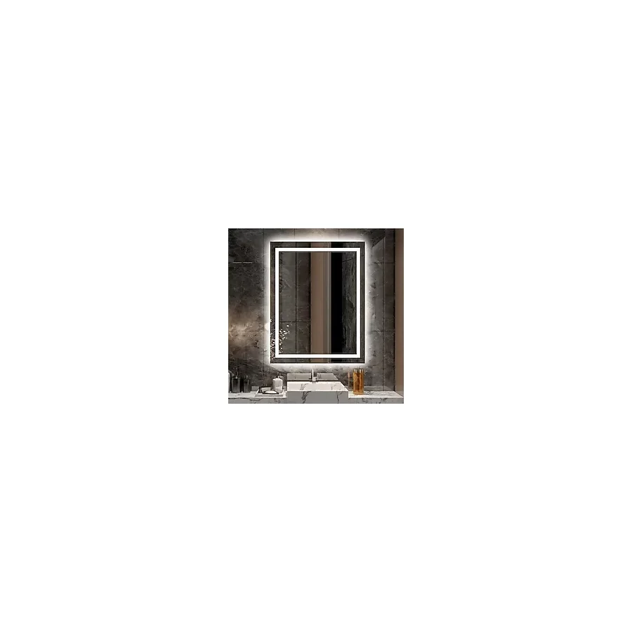 Nuun Dekor 80x60cm Beyaz Ledli Kumlamalı Banyo Aynası - Trafolu