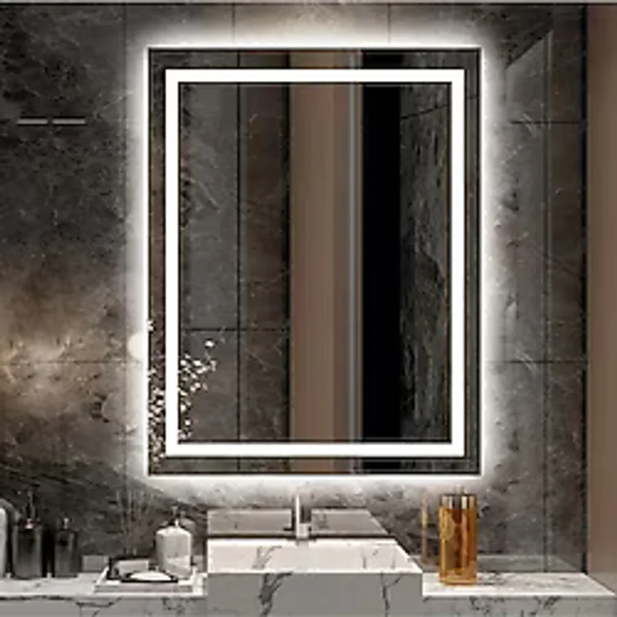 Nuun Dekor 90x70cm Beyaz Ledli Kumlamalı Banyo Lavabo Ofis Makyaj Kuaför Aynası - Trafolu Beyaz
