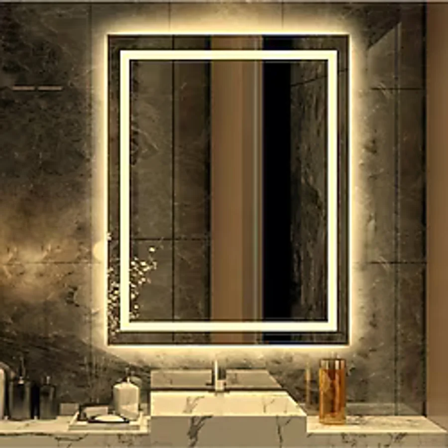 Nuun Dekor 90x70cm Günışığı Ledli Kumlamalı Banyo Ofis Kuaför Lavabo Aynası - Trafolu Şeffaf