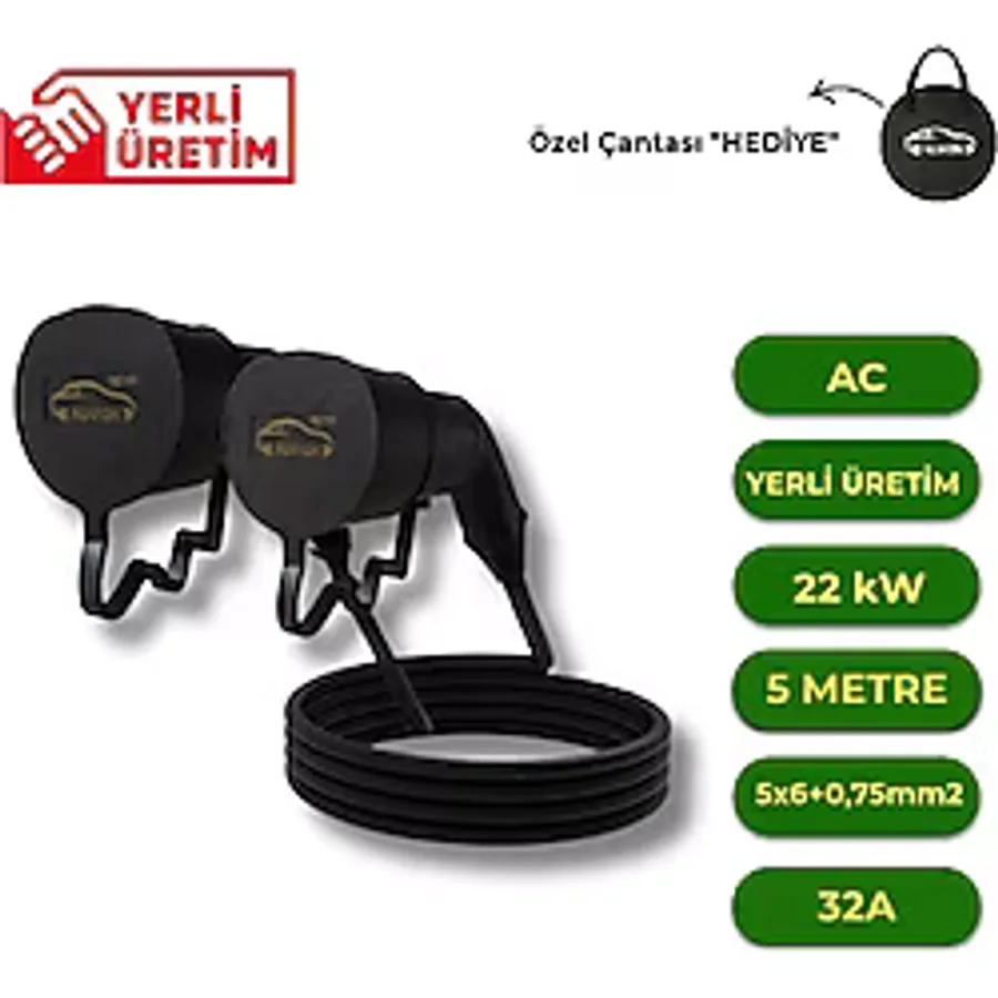 NUVION Elektrikli Araç Type 2 AC Şarj Kablosu-5 Metre-ÖzeL Çantası HEDİYE