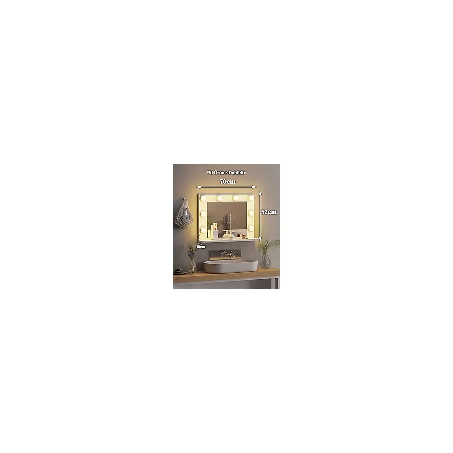 nysamo 70x52 cm Beyaz Raflı Işıklı Kumandalı Makyaj Masası Etejer Banyo Aynası Dresuar Salon Aynası