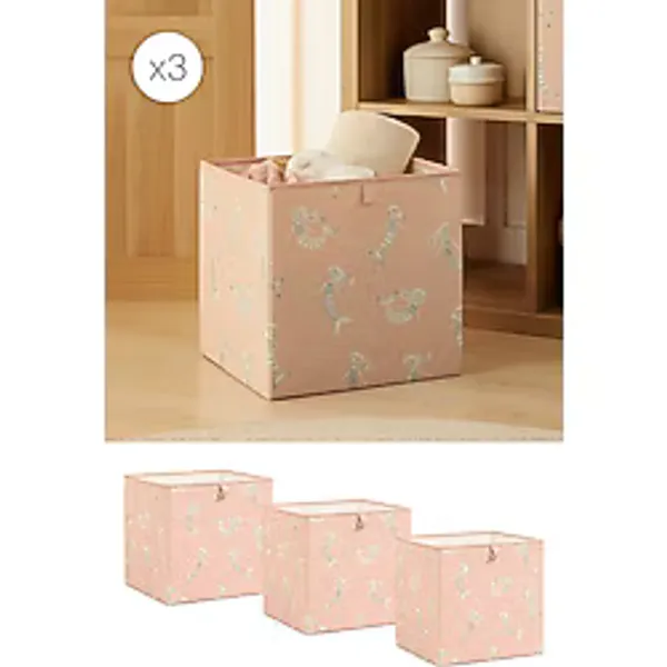 Ocean Home Textile 3 Adet Deniz Kızı Çocuk Odası Oyuncak Düzenleyici Saklama Kutusu 33x30x33 - Pembe