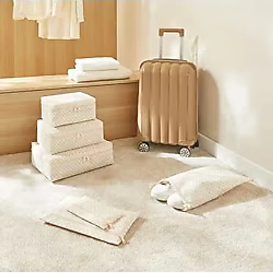 Ocean Home Textile 6'lı Yıkanabilir Bej Dama Desen Pamuklu Bavul Içi Düzenleyici Set