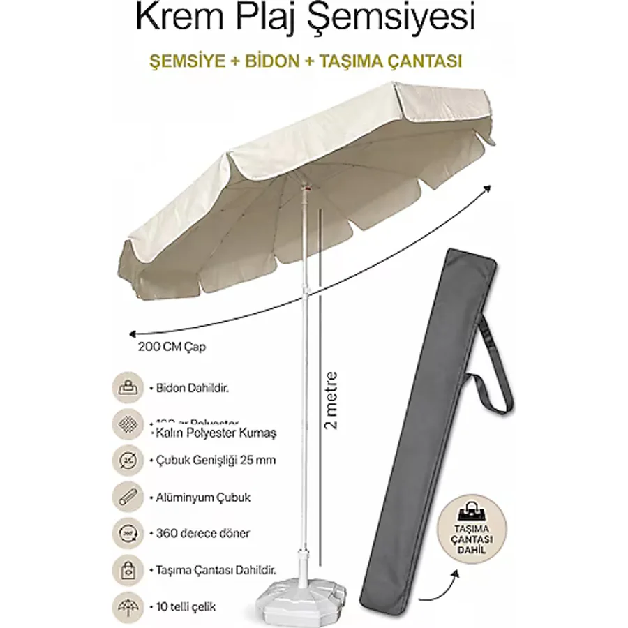 Ods Eğilebilir 2 Metre Çapında Plaj Şemsiyesi + 20 Litre Bidonlu + Taşıma Çantası - Krem