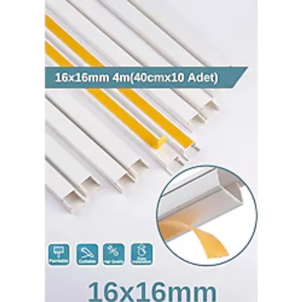 ODTA 4 Metre (16x16mm) Kedinden Yapışkanlı Kablo Kanalı 4m (10 Adet x 40cm) Kablo Gizleyici