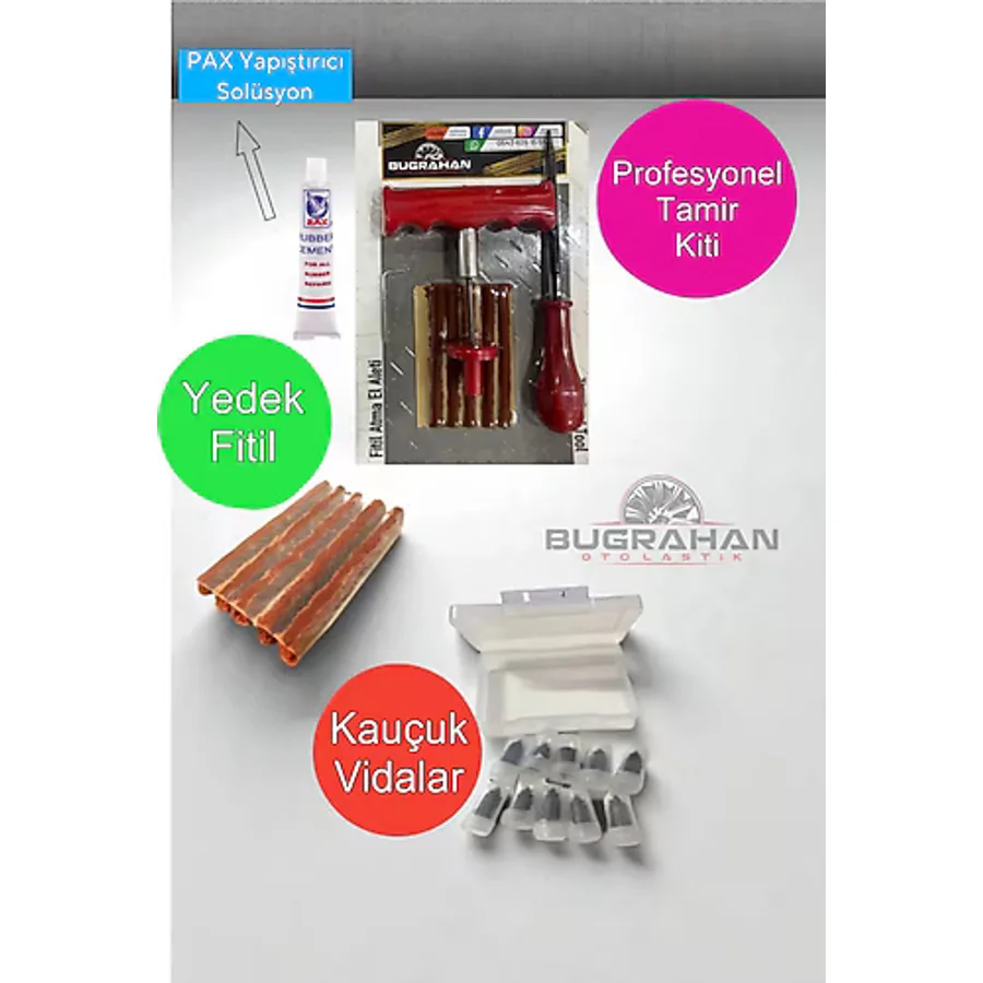 OEM Profesyonel Lastik Tamir Kiti Fitil Atma Seti+Lastik Tamir Kauçuk Vida Seti+5 li Yedek Fitil
