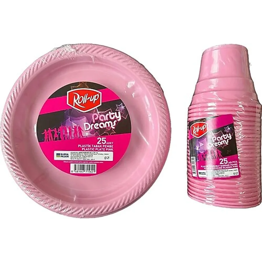 Ofis Catering Piknik Davet Doğum Günü Omeyva Sofra Seti - 25 Kişilik Pembe Tabak Bardak Takımı