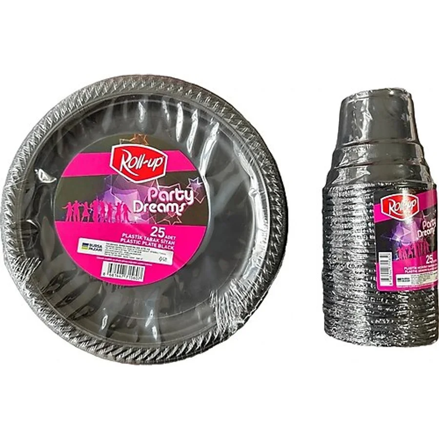Ofis Catering Piknik Davet Doğum Günü Omeyva Sofra Seti - 25 Kişilik Siyah Tabak Bardak Takımı