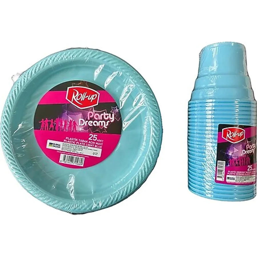 Ofis Catering Piknik Davet Doğum Günü Omeyva Sofra Seti - 25 Kişilik Turkuaz Tabak Bardak Takımı