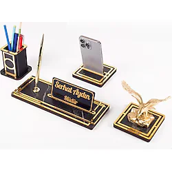 Ofistike Vista Kartal Biblolu Gold Ahşap Masa Isimliği Seti Mermer Desenli Ofis Hediyesi Masa Üstü Isimlik