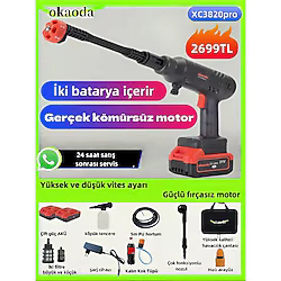 Okaoda En Güçlü 3 Vitesli Ayar, Kömürsüz Oto Araba Bahçe Klima Halı Şarjlı Yüksek Basınç Yikama Makine