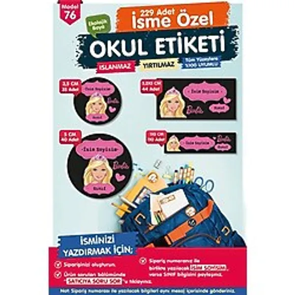 Okul Etiketi Barbie Kalem Defter Etiketi Özel İsim Yazılabilen Etiket Seti - İsim Etiketi-T579-OE76