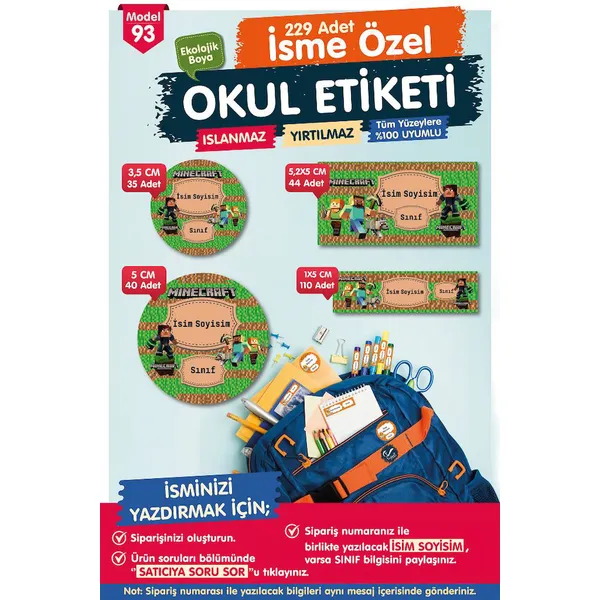 Okul Etiketi MineCraftKalem Defter Etiketi Özel İsim Yazılabilen Etiket Seti - İsim Etiketi-T577-OE93