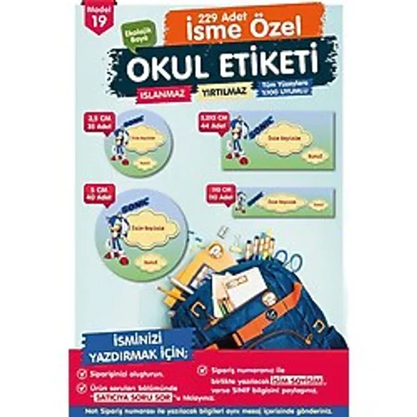 Okul Etiketi Sonic Kalem Defter Etiketi Özel İsim Yazılabilen Etiket Seti - İsim Etiketi-T551-OE19