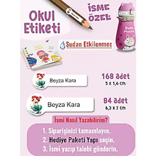 Okul Etiketi SUDAN ETKİLENMEZ, Kalem Defter Etiketi Deniz Kızı Temalı Özel Isim Yazılabilen Etiket - 252ADET - Çok Renkli