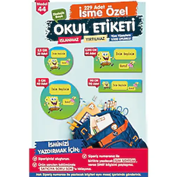 Okul Etiketi Sünger Bob Kalem Defter Etiketi Özel İsim Yazılabilen Etiket Seti - İsim Etiketi-T571-OE44