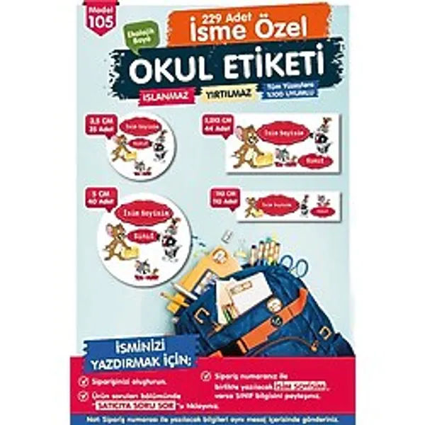Okul Etiketi Tom Ve jerry Kalem Defter Etiketi Özel İsim Yazılabilen Etiket Seti - İsim Etiketi-T590-OE105