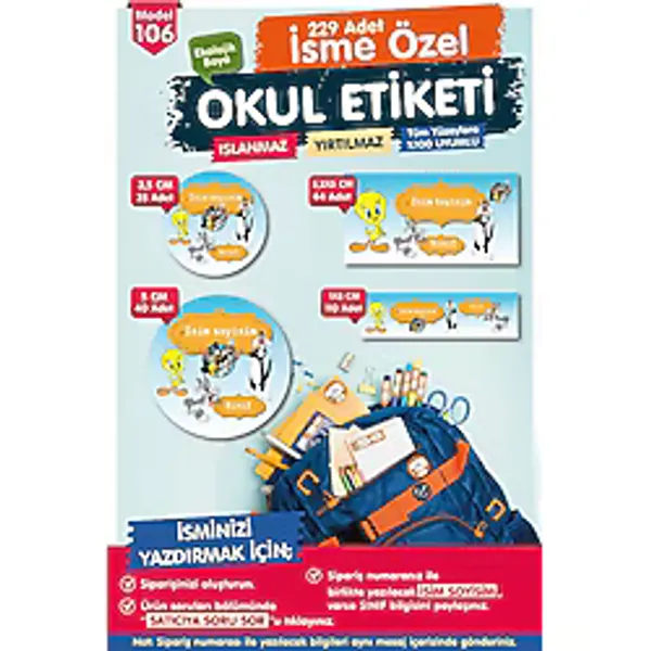 Okul Etiketi Twetty Kalem Defter Etiketi Özel İsim Yazılabilen Etiket Seti - İsim Etiketi-T589-OE106