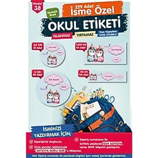 Okul Etiketi Unicorn Kalem Defter Etiketi Özel İsim Yazılabilen Etiket Seti - İsim Etiketi-T566-OE38