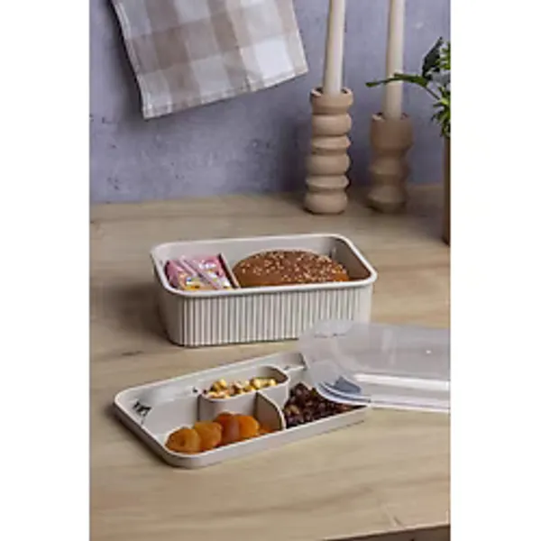 Okyanus Home Bej Çizgili Beslenme Kutusu 5 Bölmeli Çatal Kaşıklı Şeffaf Kapaklı Lunch Box